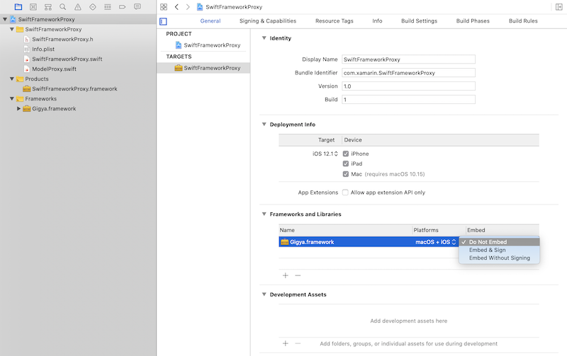 xcode donotembed option