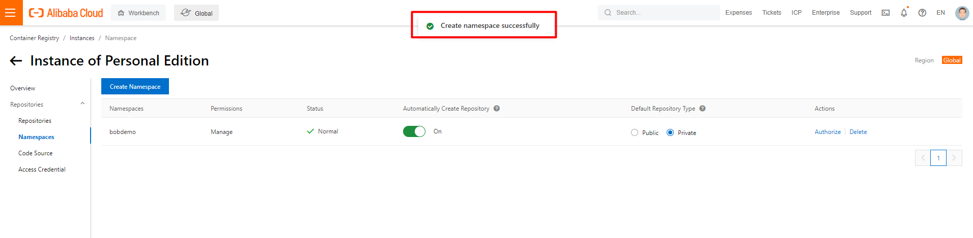 Create Namespace Successfully