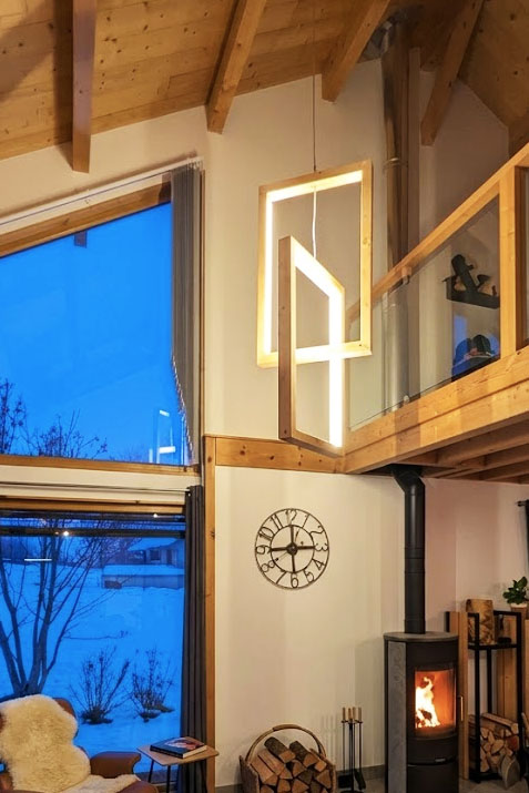 Luminaire double en bois et métal sur mesure