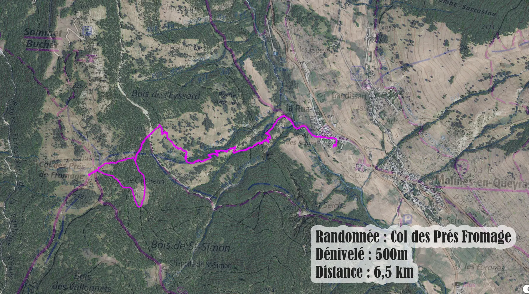 Carte 2D du parcours Col des Prés de Fromage depuis La Rua