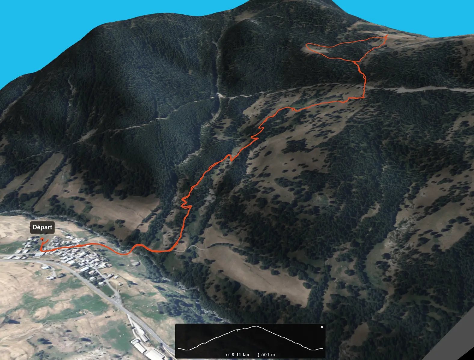 Vue 3D du parcours Col des Prés de Fromage au départ de La Rua