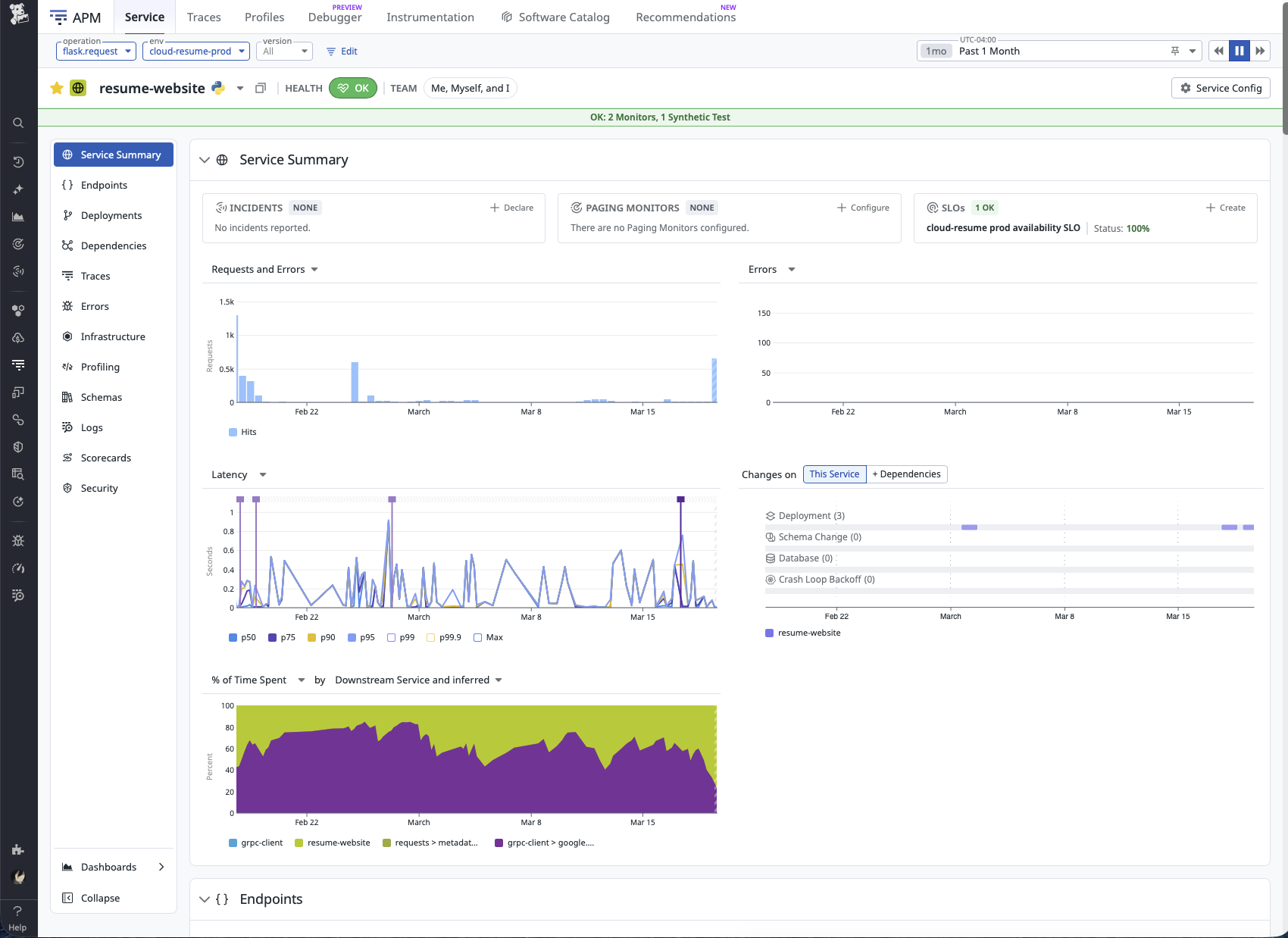 Datadog APM service view