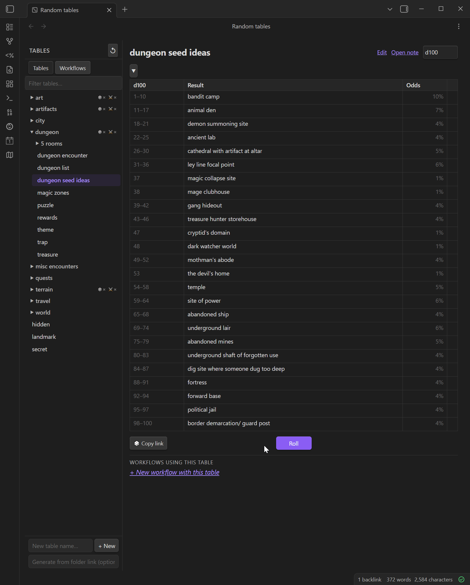 Rolling on a random table and seeing the result highlighted