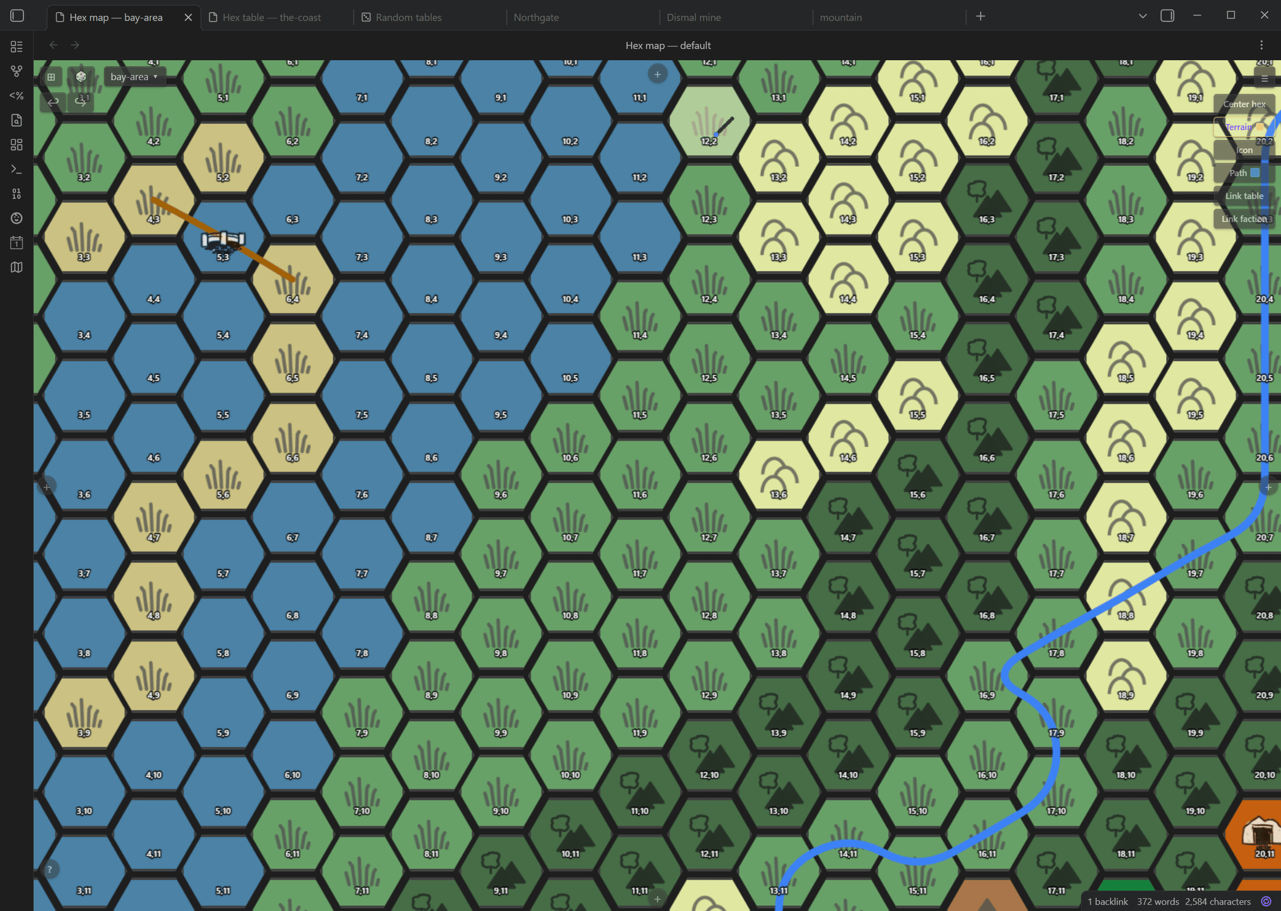 Terrain being painted across multiple hexes with the drag brush