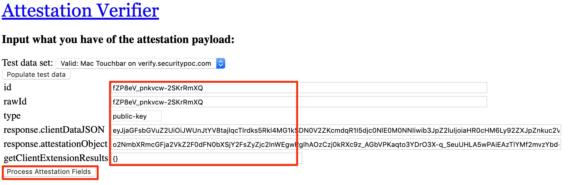 Paste the result payload fields into the Attestation Verifier
