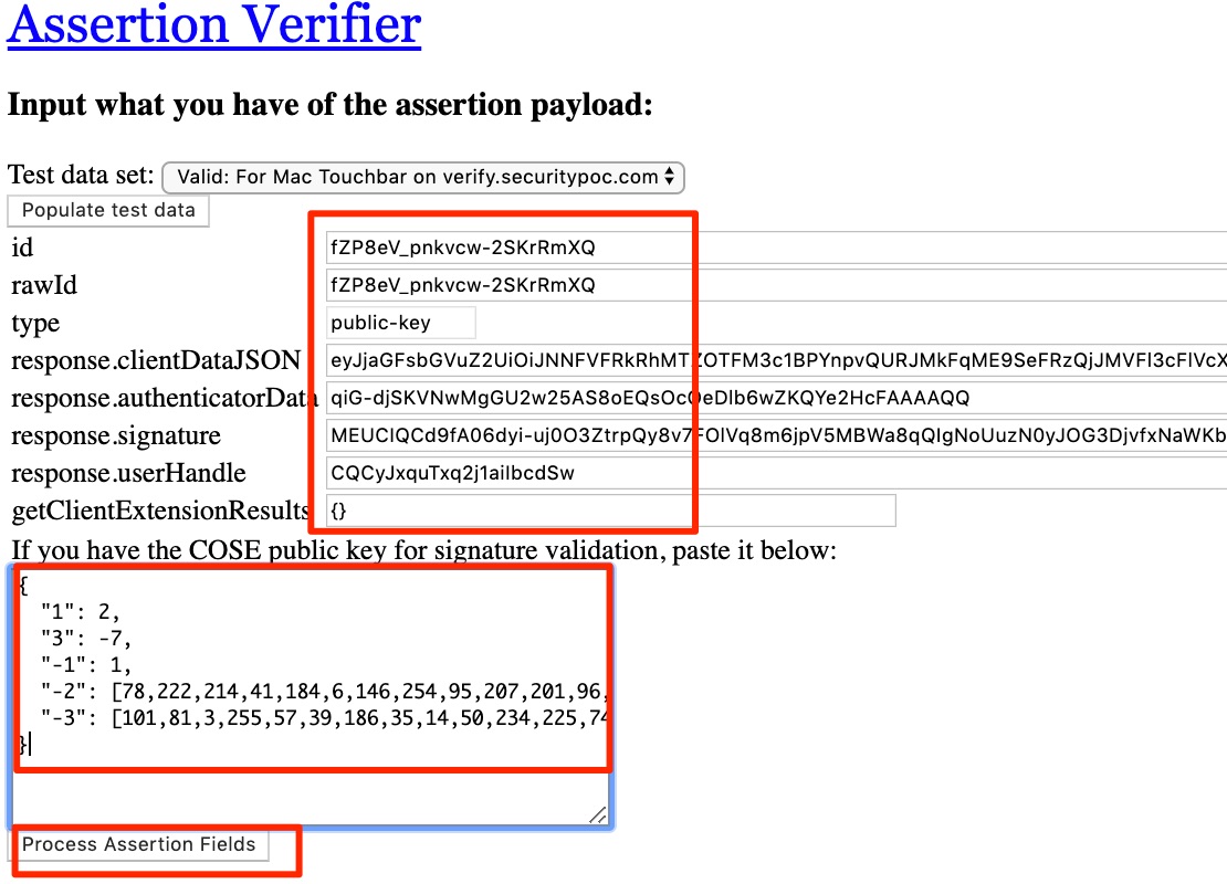 Paste the result payload fields into the Assertion Verifier