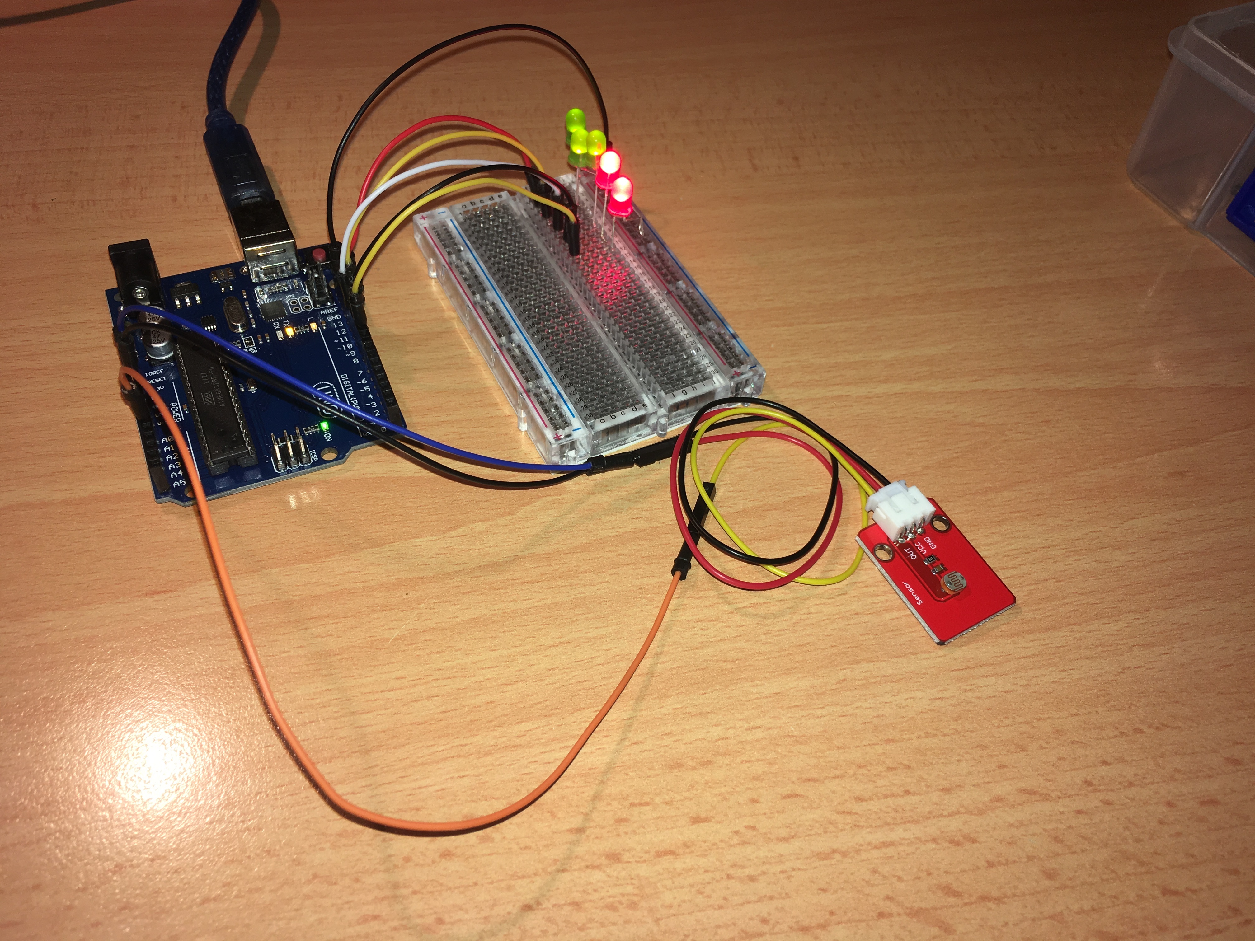 Breadboard with Arduino Uno showing wiring