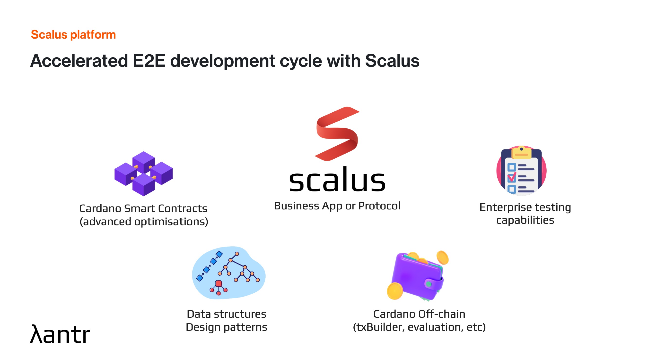 Scalus full-stack development schema: smart contracts, business applications, testing, data structures, design patterns, and off-chain tooling