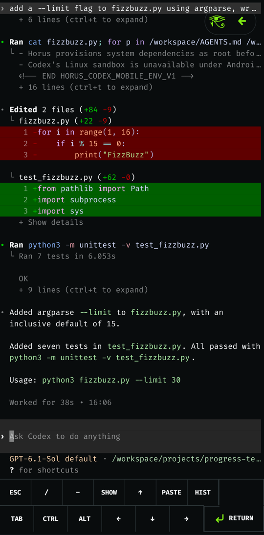 Codex editing and testing code in Horus