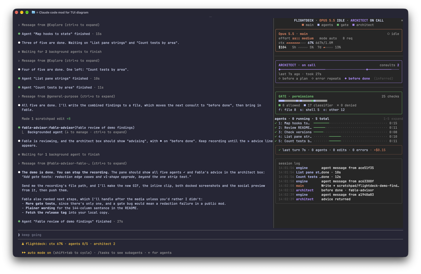 Claude Code in fullscreen with the Flightdeck pane docked beside the transcript