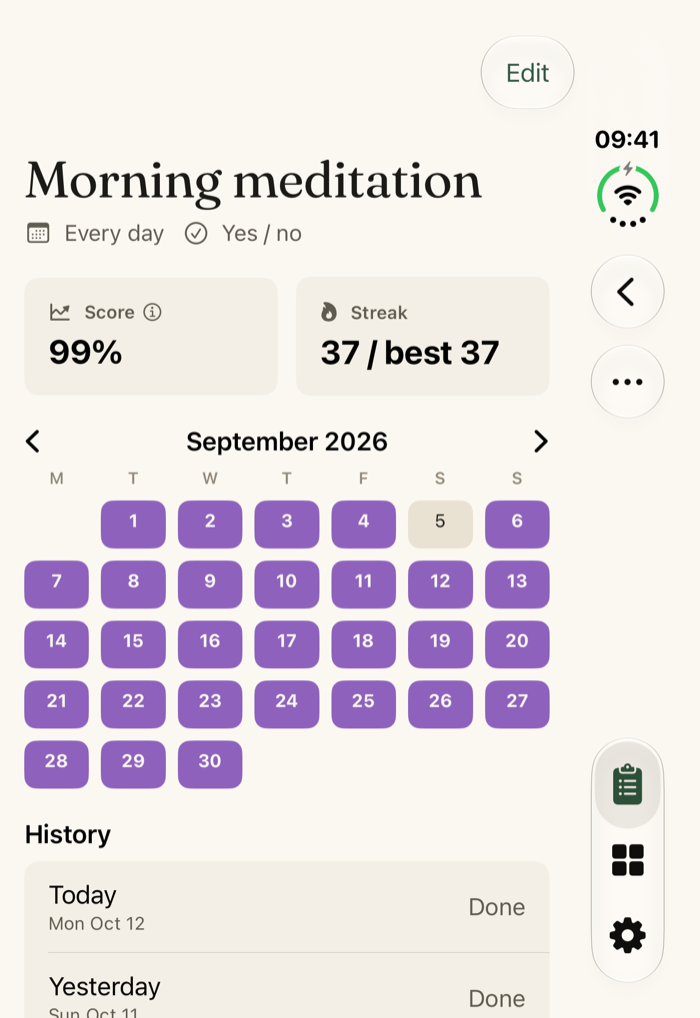 Habit detail with score and calendar on iPhone Duo