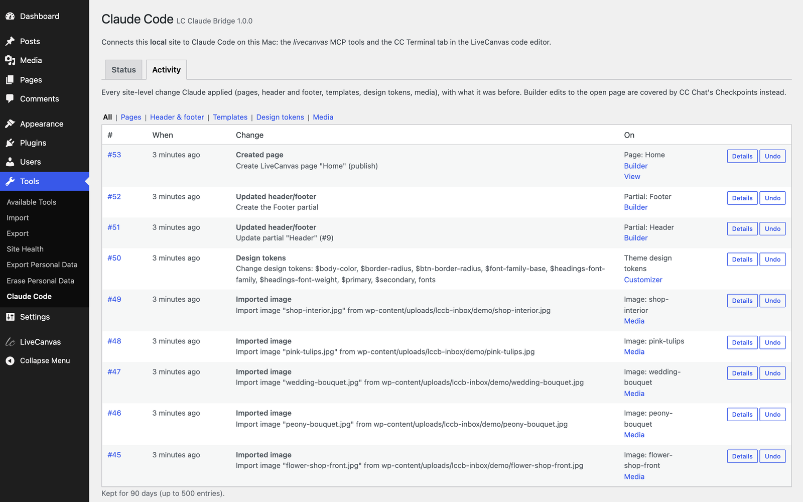 Tools › Claude Code › Activity: every site-level change with Details and Undo