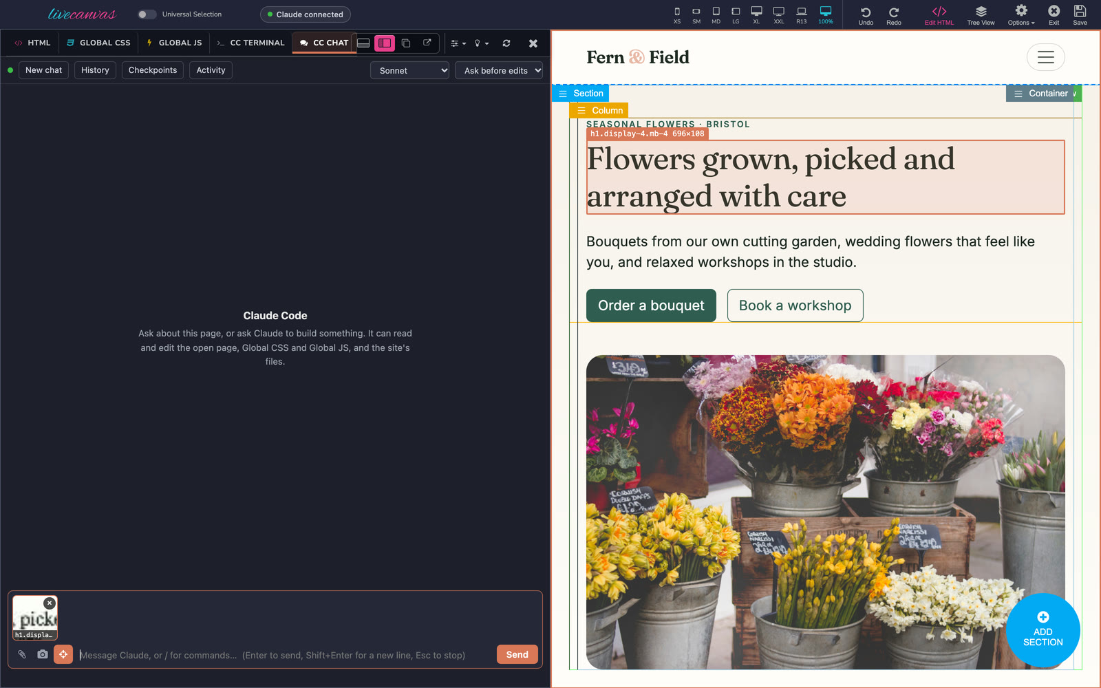 Ask mode: the headline is outlined in the preview and attached to the message as a chip