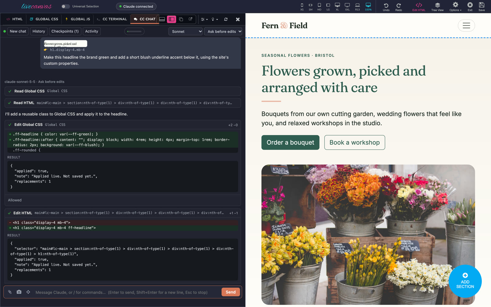 CC Chat beside the LiveCanvas preview: Claude restyles a headline the user pointed at, with diffs of the CSS and HTML it changed