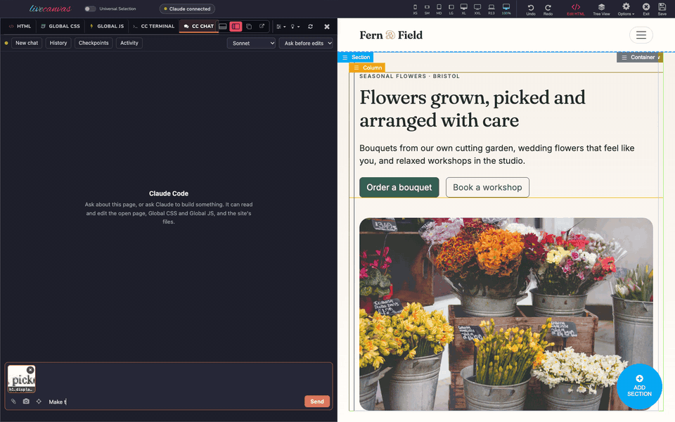 Pointing at a headline in the LiveCanvas preview and asking Claude to restyle it: Claude reads the page, edits the CSS and HTML, and the preview updates