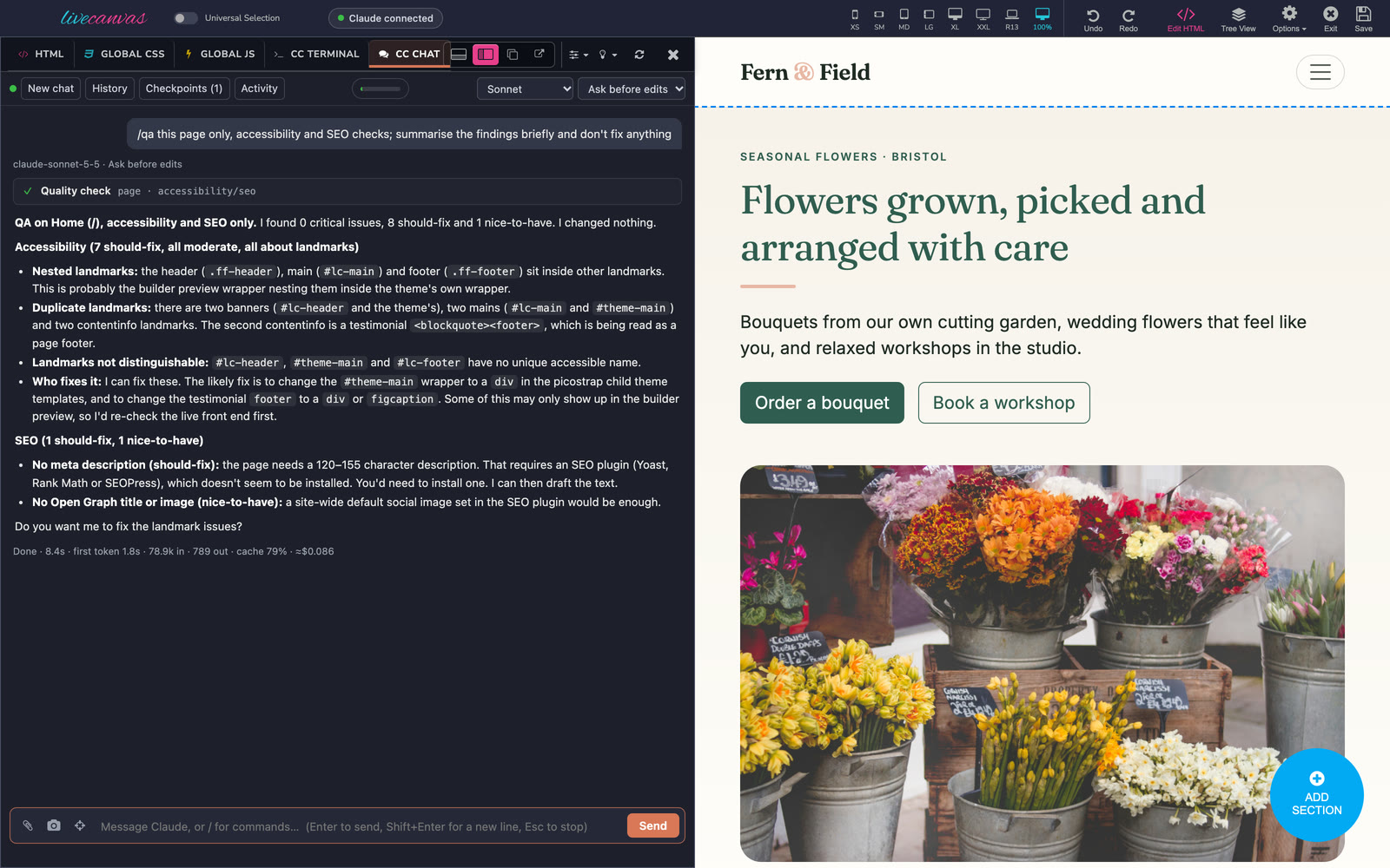 The /qa command's findings for a page: accessibility and SEO, prioritised