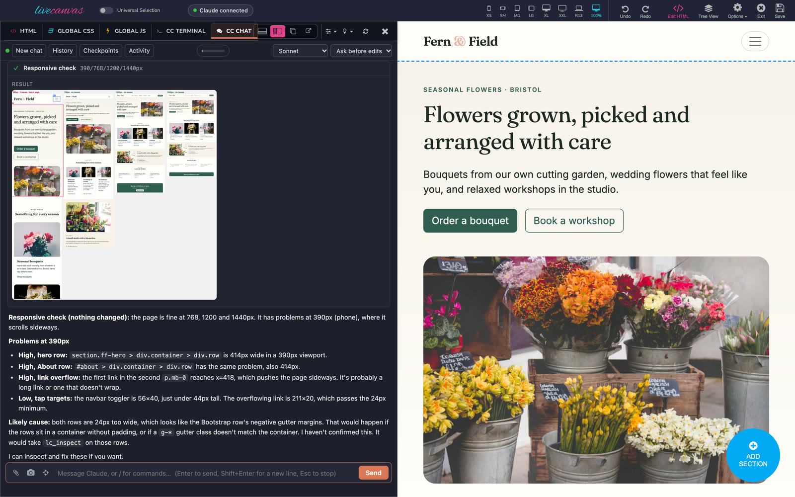 A responsive check: the page at 390, 768, 1200 and 1440px side by side, with problems outlined, and Claude's summary