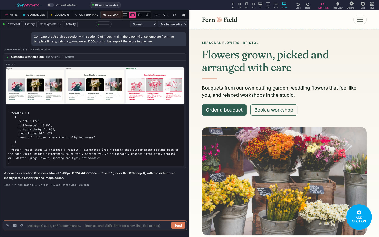 lc_compare: the original template section, the rebuilt section and a difference map, scored 8.2%