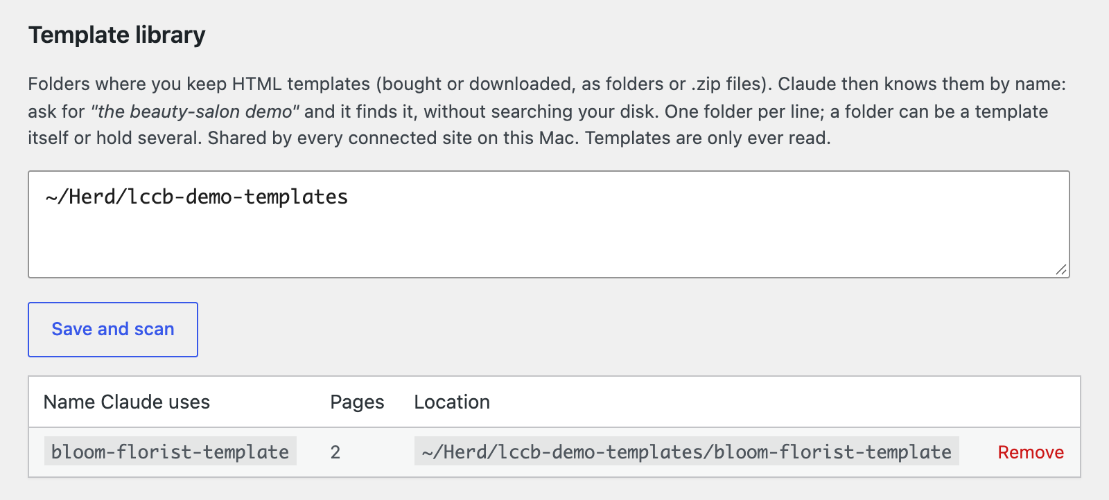 The template library settings: folders of templates and the names Claude uses for them