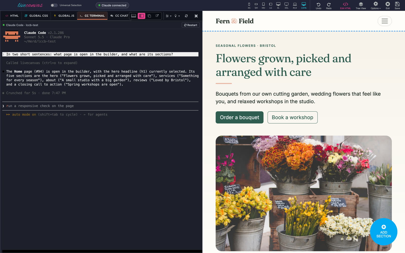The CC Terminal tab running Claude Code inside the LiveCanvas editor