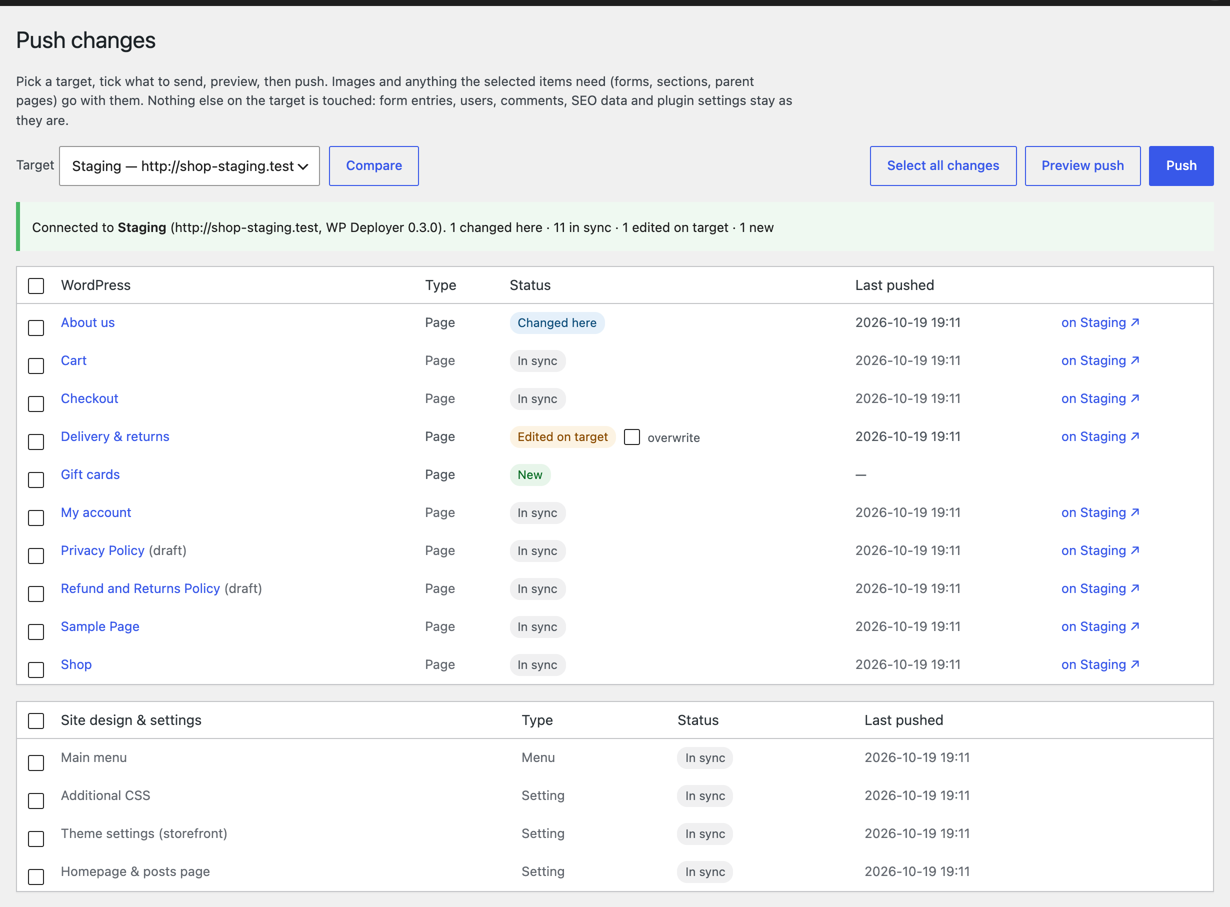 The Push screen: what differs between this site and Staging