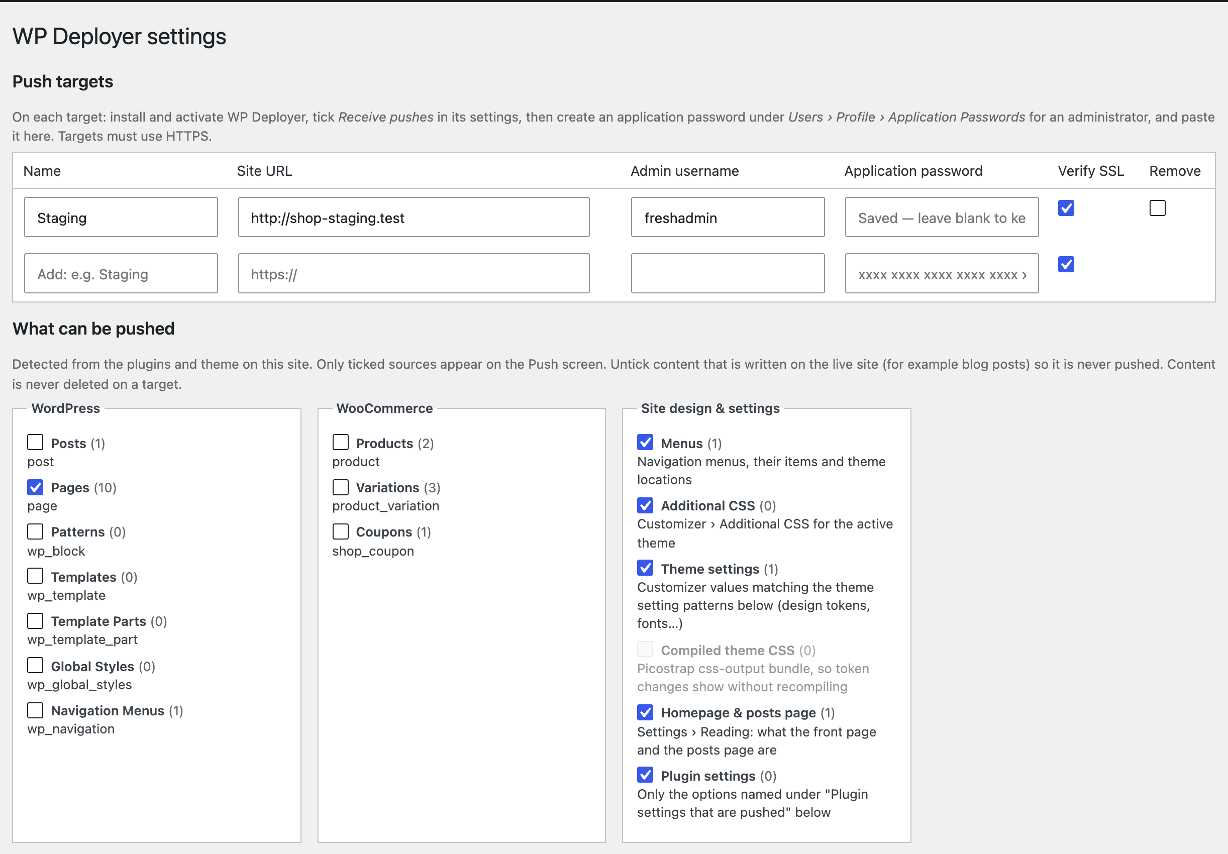 Settings: targets and the detected content sources