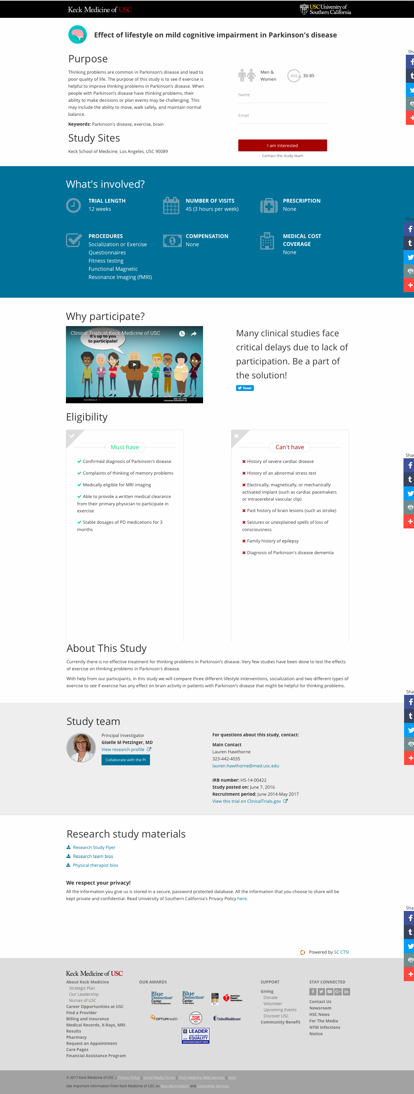 Screenshot of example clinical study landing page