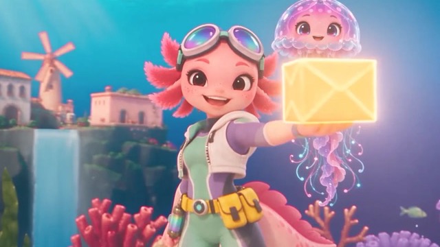 Change Only X, step 05: Lumi, a pink axolotl girl in a mint wetsuit and holographic goggles, holds up a glowing golden parcel in an underwater coral-reef town, with Nami, a pink jellyfish with long glowing tentacles, beside her head