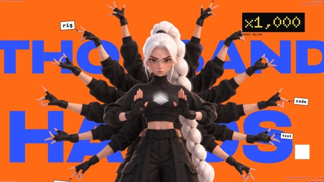 Every Scenario: a 3D cartoon character with a long white bubble ponytail and a thousand gloved arms fanned out behind her, over an orange field with THOUSAND HANDS in blue type passing behind her arms
