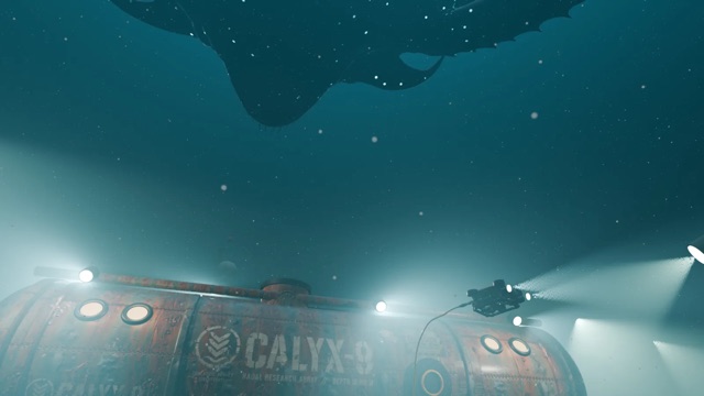 A colossal bioluminescent creature glides over a rusted research station on the sea floor