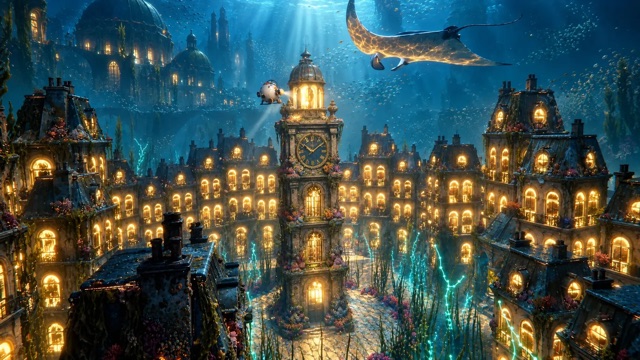 A drowned city lit gold and turquoise around a clock tower, a manta ray gliding overhead