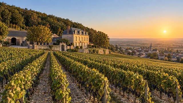 Maison Vesprée at golden hour: a stone manor and its press house on the slope of the Montagne de Reims, vines falling to the plain and the village steeple