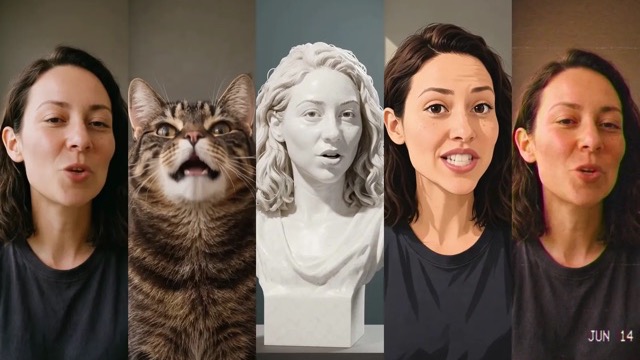 The same line in five takes side by side: Mira, her tabby cat, a white marble bust of her, an anime Mira and a 1990s camcorder Mira stamped JUN 14