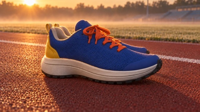 A blue engineered-mesh running shoe with orange laces on a red running track at dawn