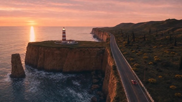 A red and white lighthouse on a sandstone headland at dusk, a tiny red roadster on the cliff road beside it