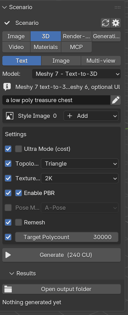 Scenario for Blender's text-to-3D interface showing a treasure-chest prompt, mesh settings and a Creative Unit estimate