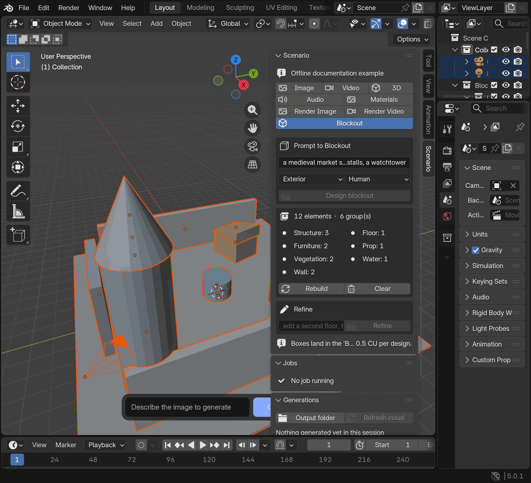 Scenario's Blockout pane in Blender, with an offline example of a greybox building layout and scene elements