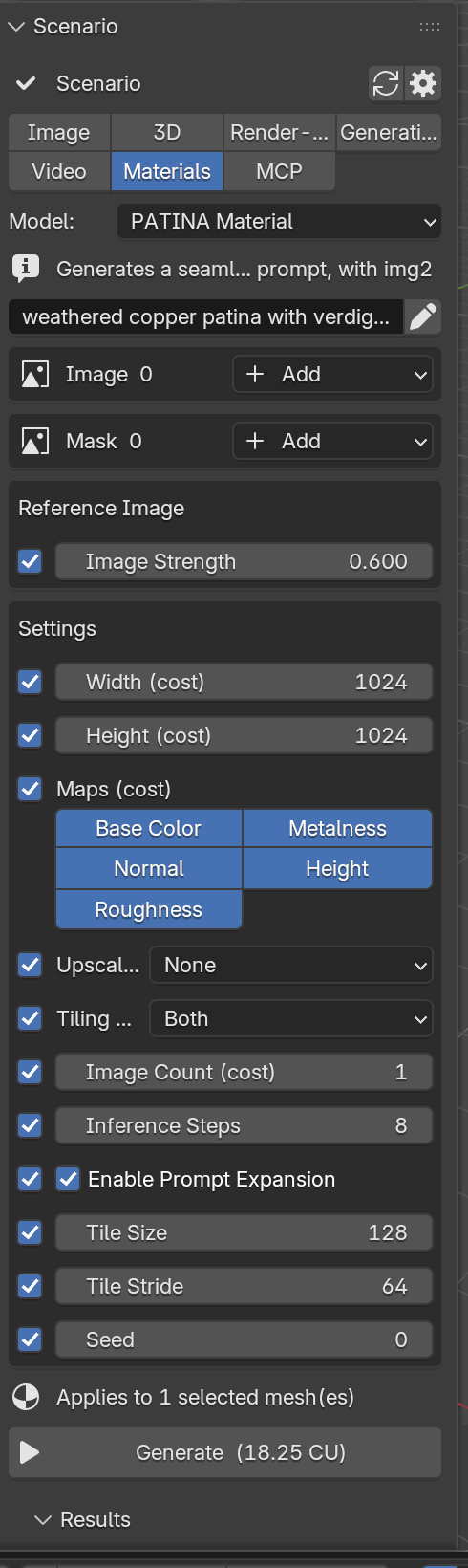Scenario Materials controls in Blender displaying PBR texture-map options including base color, metalness, normal, height and roughness