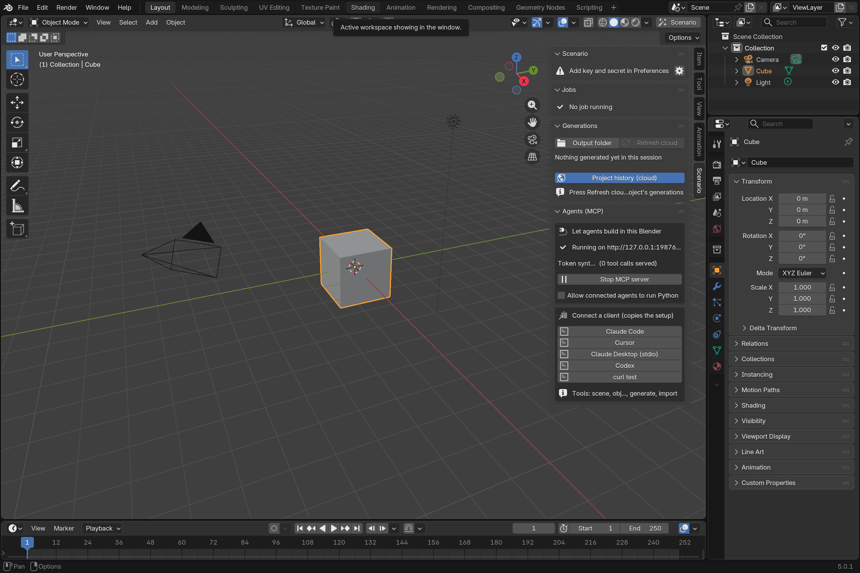 Blender with Scenario's Agents MCP panel showing a local server, Claude Code, Cursor, Claude Desktop and Codex setup actions