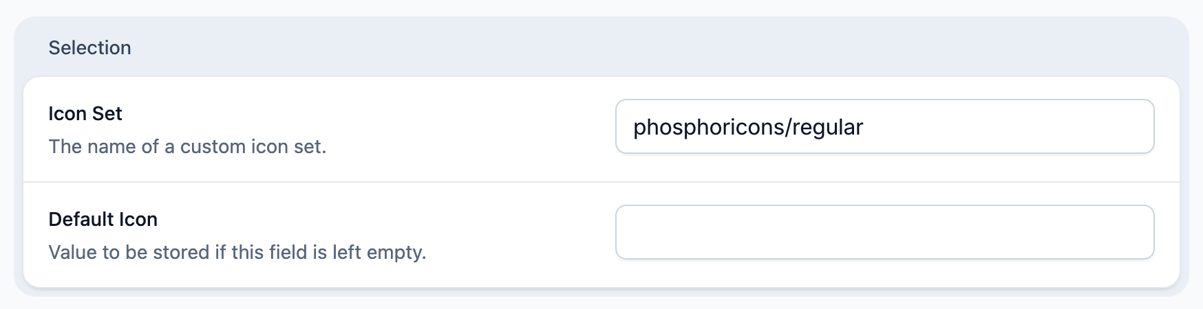 Image showing a screenshot of the selection section, prefilled with the Phosphoricons folder and the light variant.