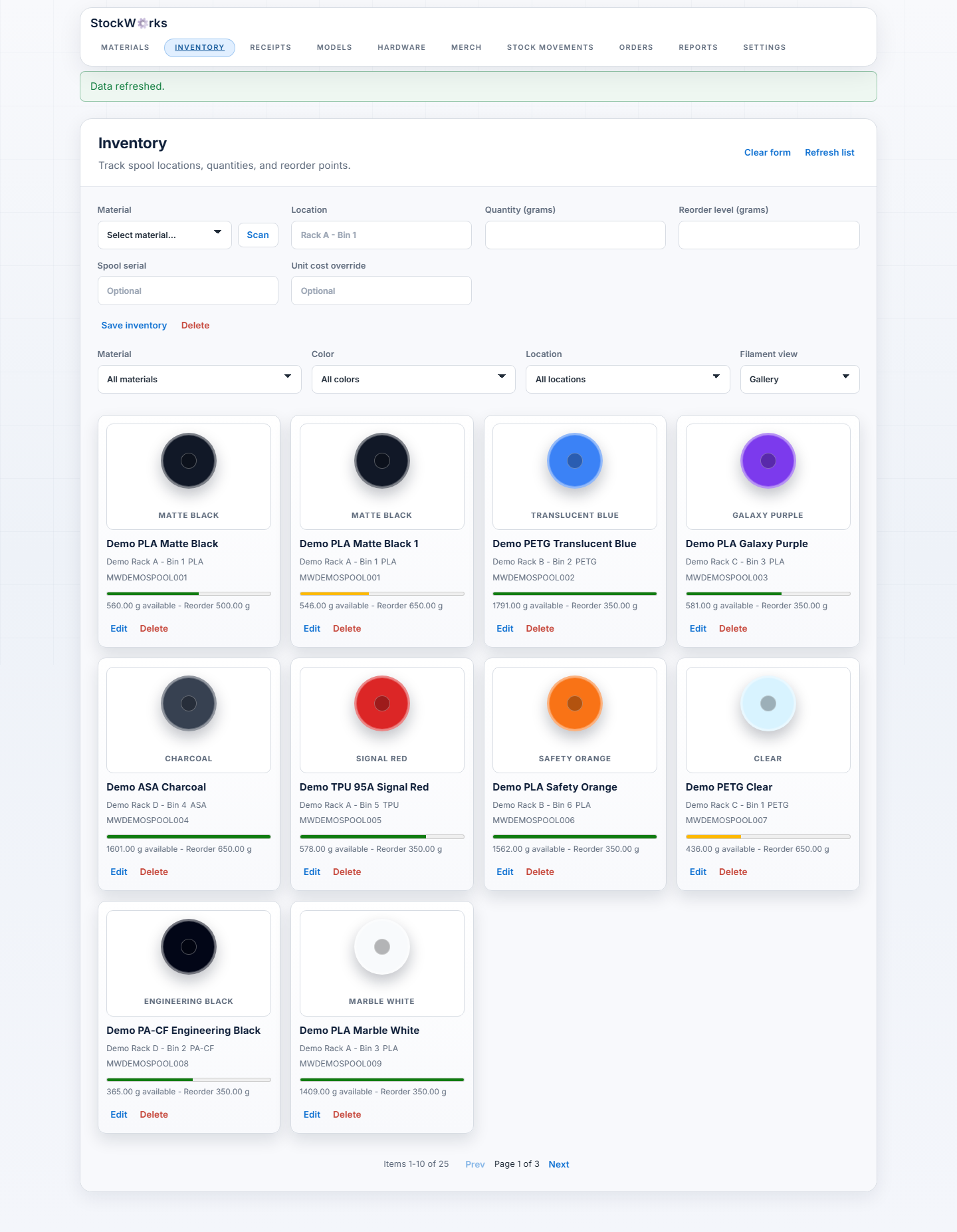 StockWorks inventory with synthetic sample stock