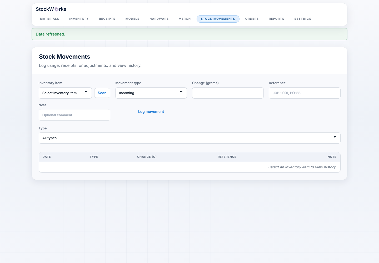 StockWorks movement history with synthetic transactions