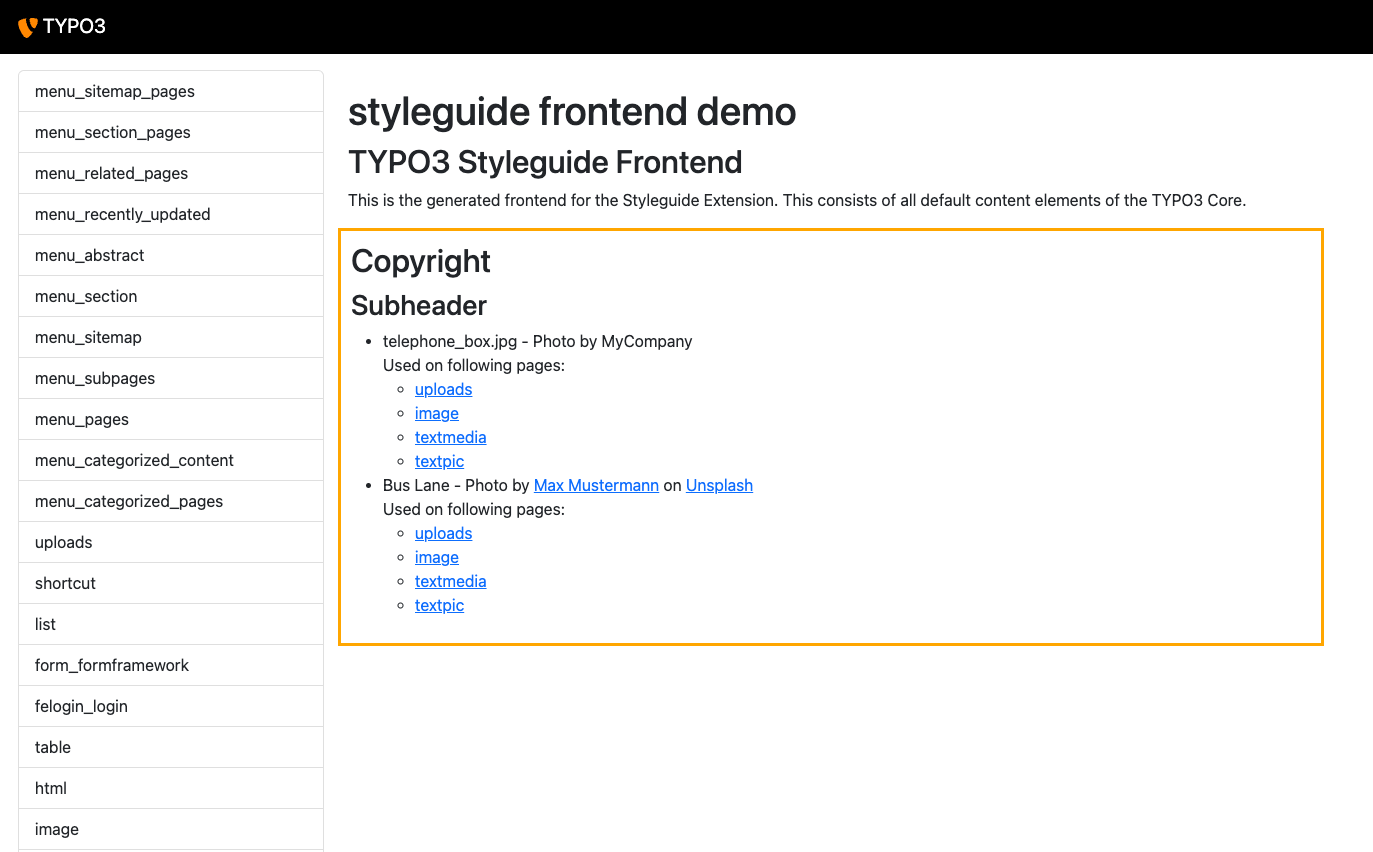 TYPO3 Frontend: Example image copyright listing
