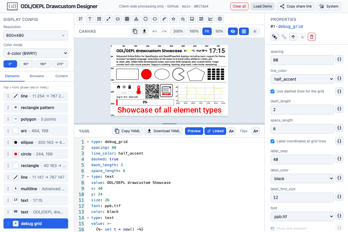 ODL/OEPL Drawcustom Designer — canvas editor with element toolbar, layers, YAML panel, and e-paper preview