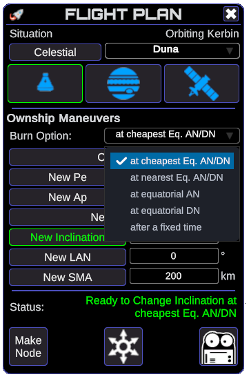 Flight Plan Burn Time Option Menu