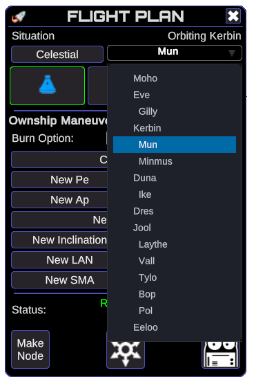 Flight Plan Celestial Target Selection Menu