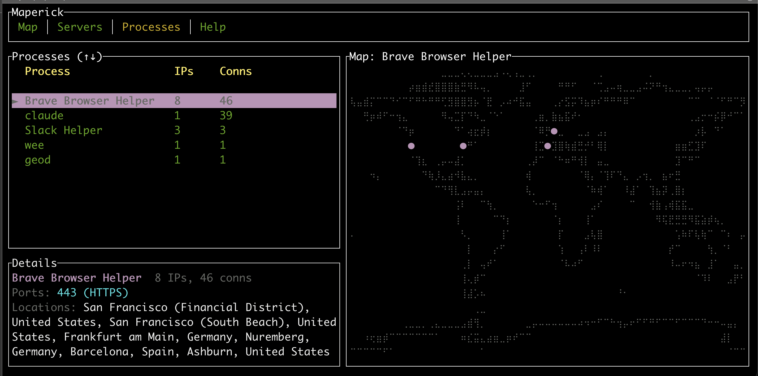 Processes view showing per-process connections