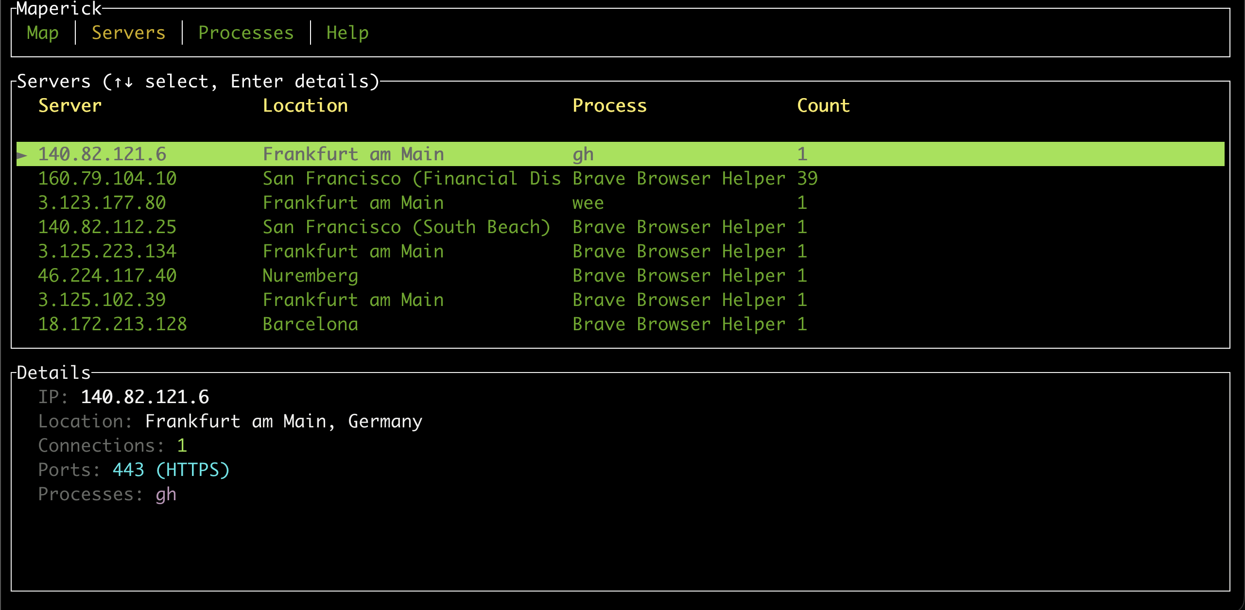 Servers view with connection statistics