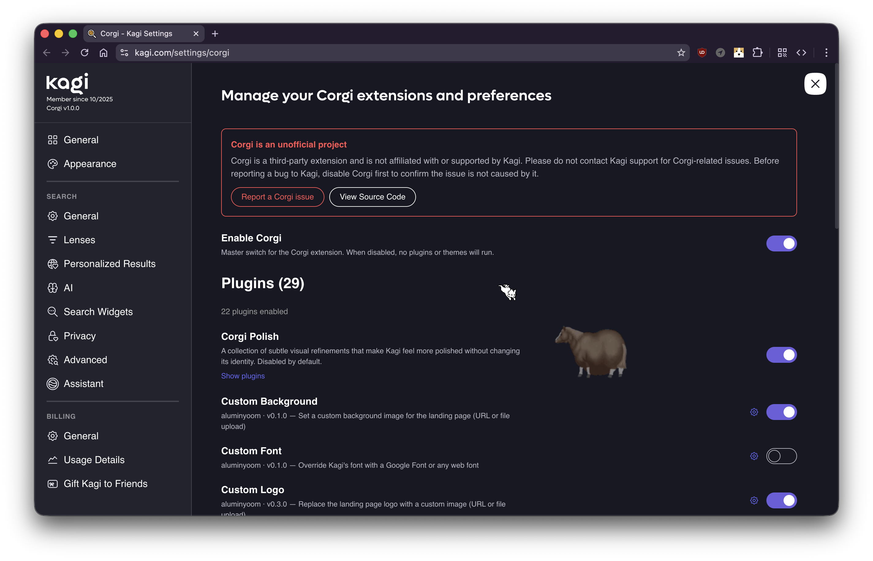 Corgi's settings page embedded inside Kagi