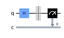 IBM Matplotlib Circuit Representation: 1 quantum circuit corresponding to 1 classical circuit. A "Hadamard Gate" is applied to the first quantum circuit. There is a barrier right after the Hadamard Gate and a measurement is performed at last.